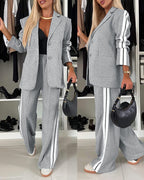 Striped Notched Collar Blazer with Coordinating Wide Leg Pants Set