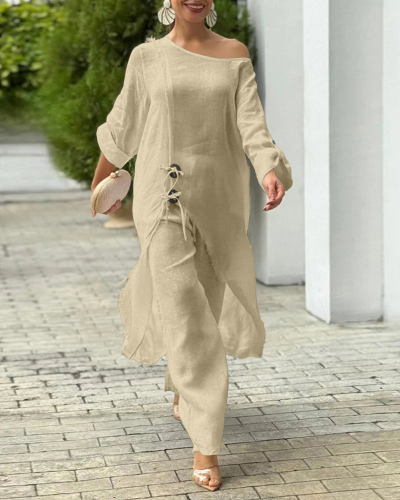 One-Shoulder Top with Coordinating Wide-Leg Pants Set