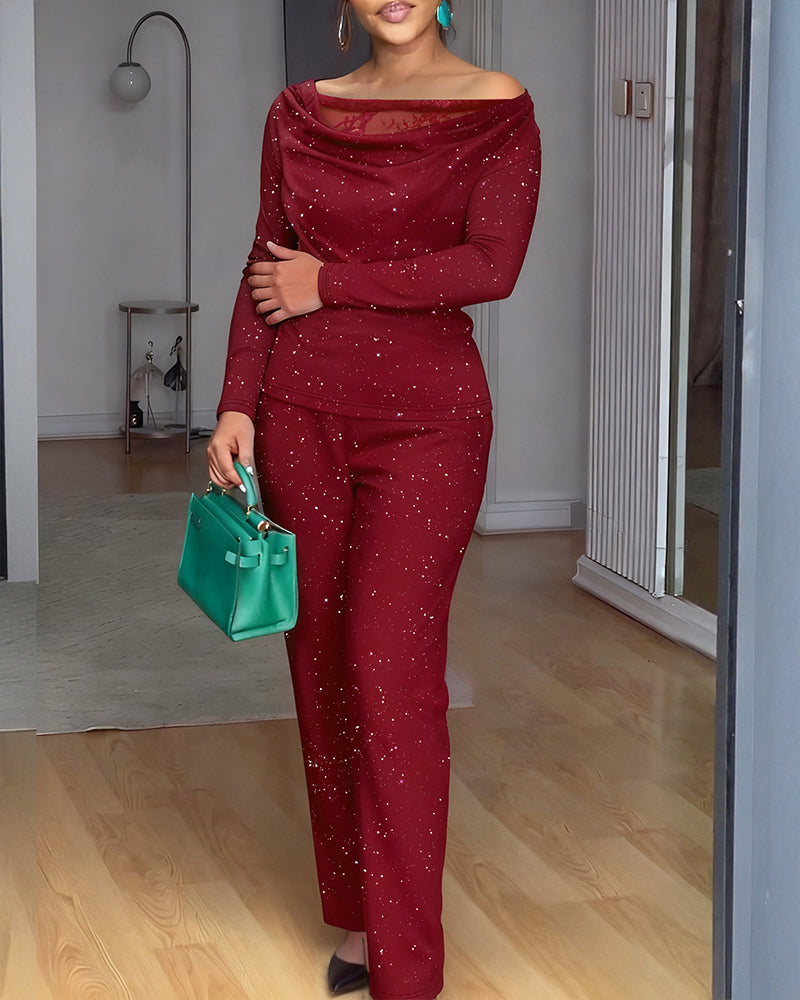 2-Piece Sparkly Ensemble: Lace Cowl Neck Top & Wide-Leg Pants