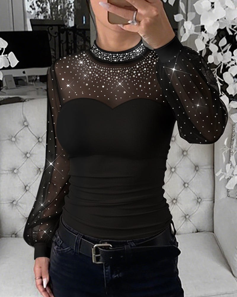 Rhinestone Mock Neck Sheer Mesh Lantern Sleeve Slim Top