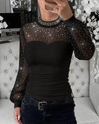 Rhinestone Mock Neck Sheer Mesh Lantern Sleeve Slim Top