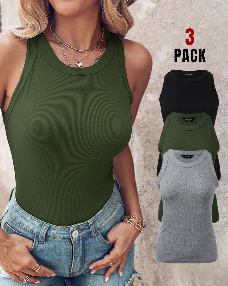 3-Pack Knit Racerback Tank Tops, Round Neck, Thick Straps