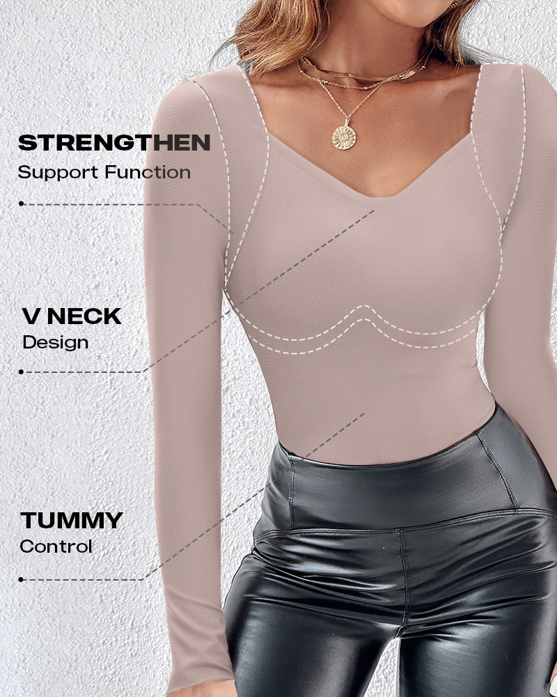 ContourX V-Neck Seamless Shapewear Tank: High-Stretch Slim-Fit Long Sleeve Tops