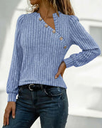 Asymmetrical Button Detail Ribbed V-Neck Long Sleeve Knit Tee