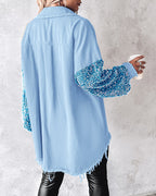 Raw Hem Sequin Patchwork Denim Shacket with Button Front