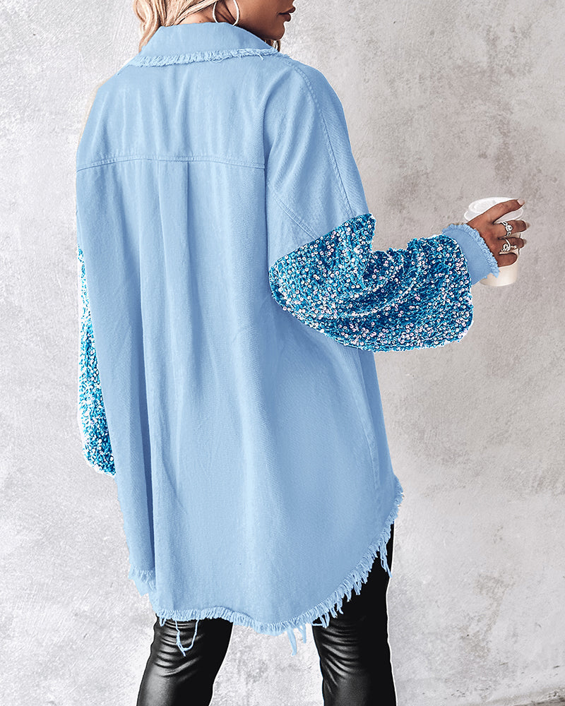 Raw Hem Sequin Patchwork Denim Shacket with Button Front