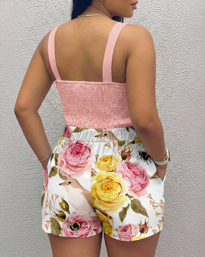2-Piece Rhinestone Cami Crop and Animal Floral Print Shorts Set