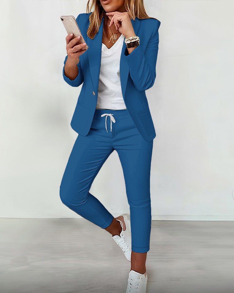 2-Piece Shawl Collar Blazer Set with Slim Fit Drawstring Pants