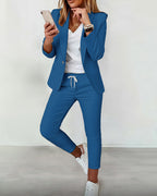 2-Piece Shawl Collar Blazer Set with Slim Fit Drawstring Pants