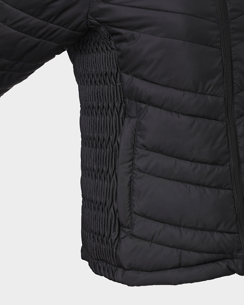 Fuzzy Trim Hooded Puffer Jacket with Shirred Zipper Pockets