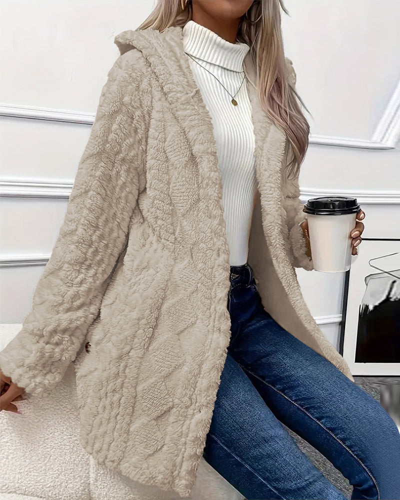 Argyle Hooded Teddy Coat with Buttoned Slits