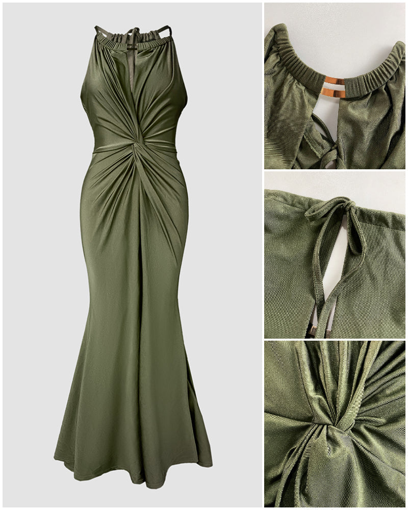 Satin Sleeveless Mermaid Dress with Hollow-Out Twist Front Detail