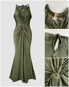 Satin Sleeveless Mermaid Dress with Hollow-Out Twist Front Detail