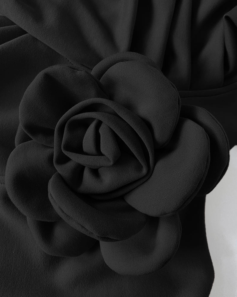 3D Floral Ruched Bodycon Dress with Puff Sleeves and Slit