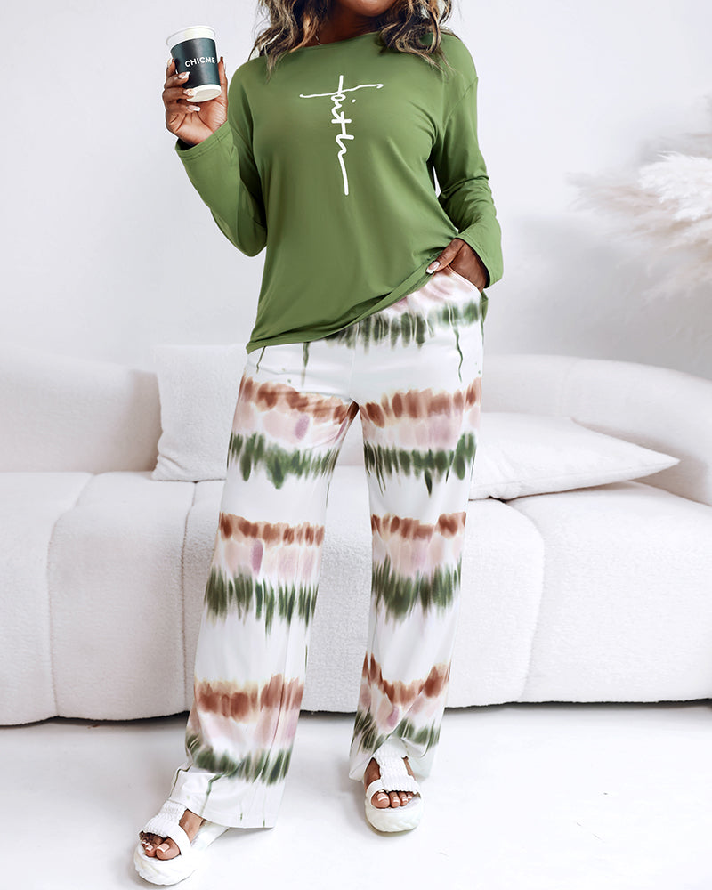 "2-Piece Ombre Pants and Letter Print Top Casual Ensemble"