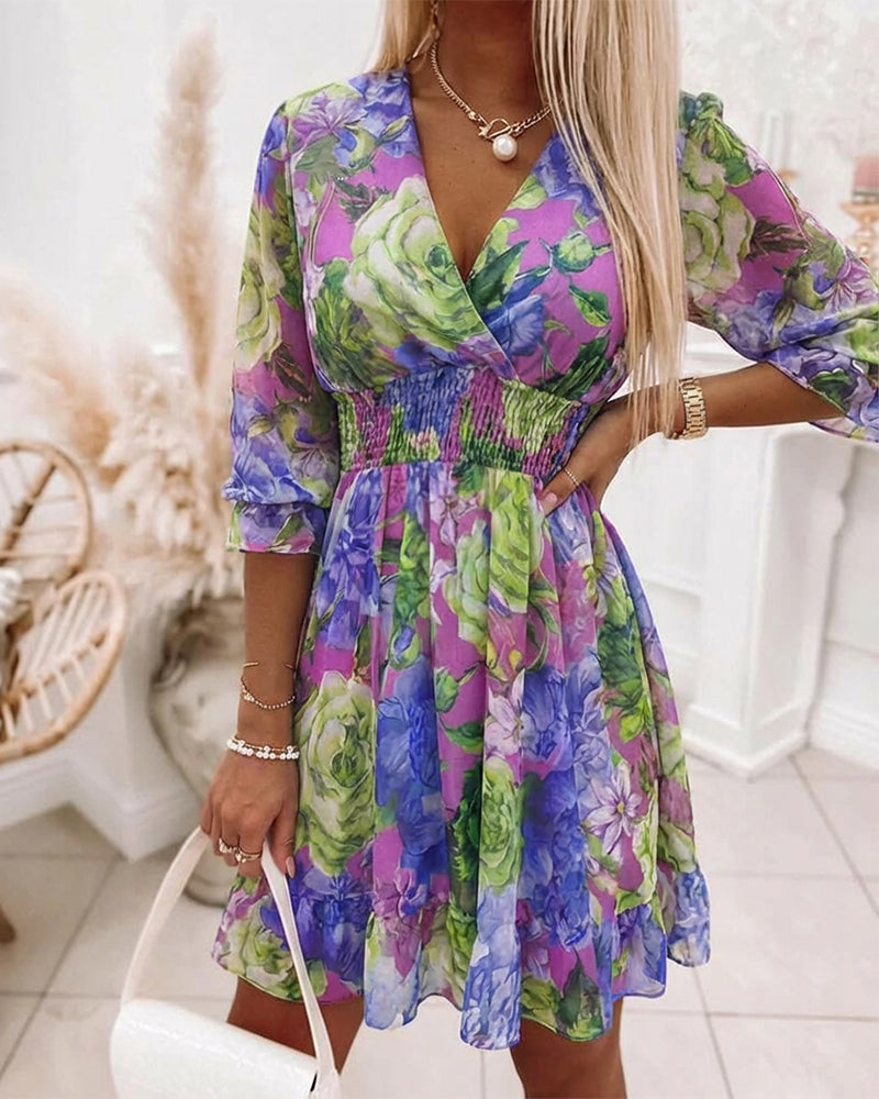 Chiffon Floral V-Neck Dress with Ruffled Hem and Shirred Waist
