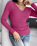 Rib Knit Notch Neck Long Sleeve Top with Built-In Bra