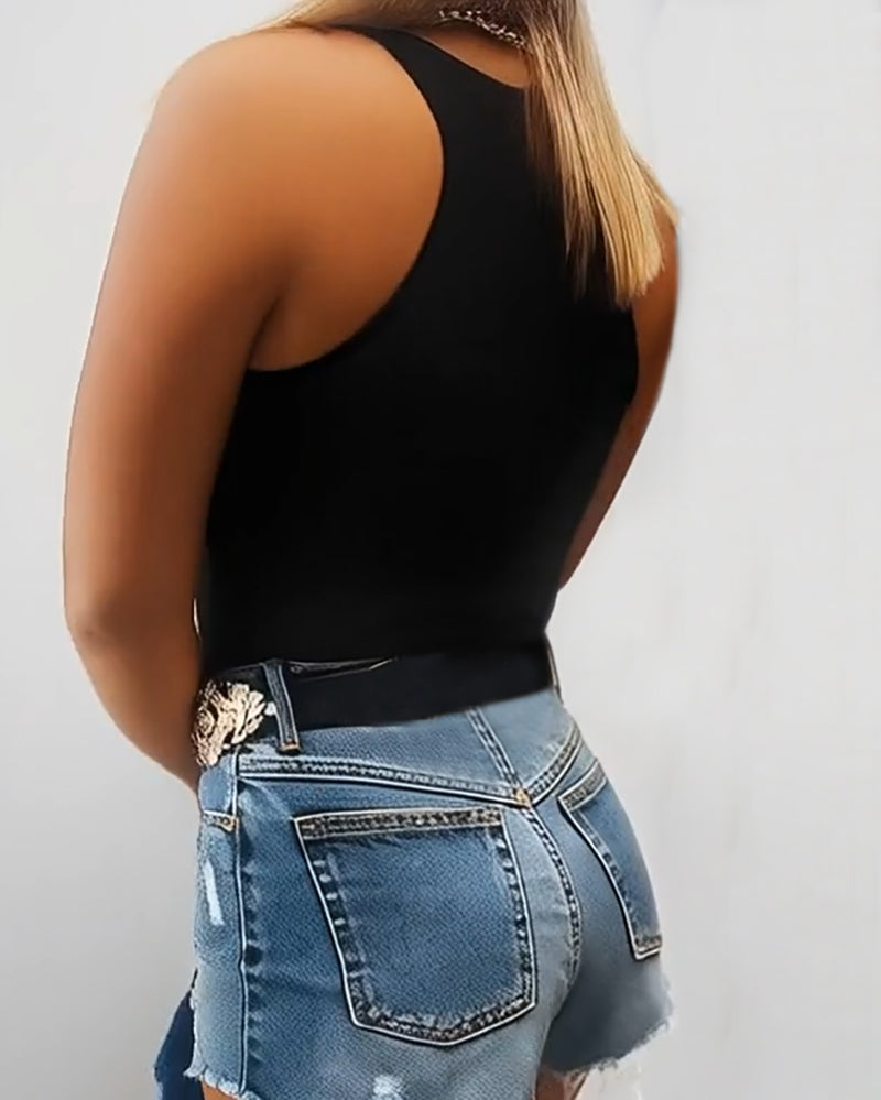 Round Neck Embellished Rhinestone Skinny Tank Top