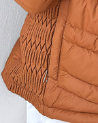 Fuzzy Trim Hooded Puffer Jacket with Shirred Zipper Pockets