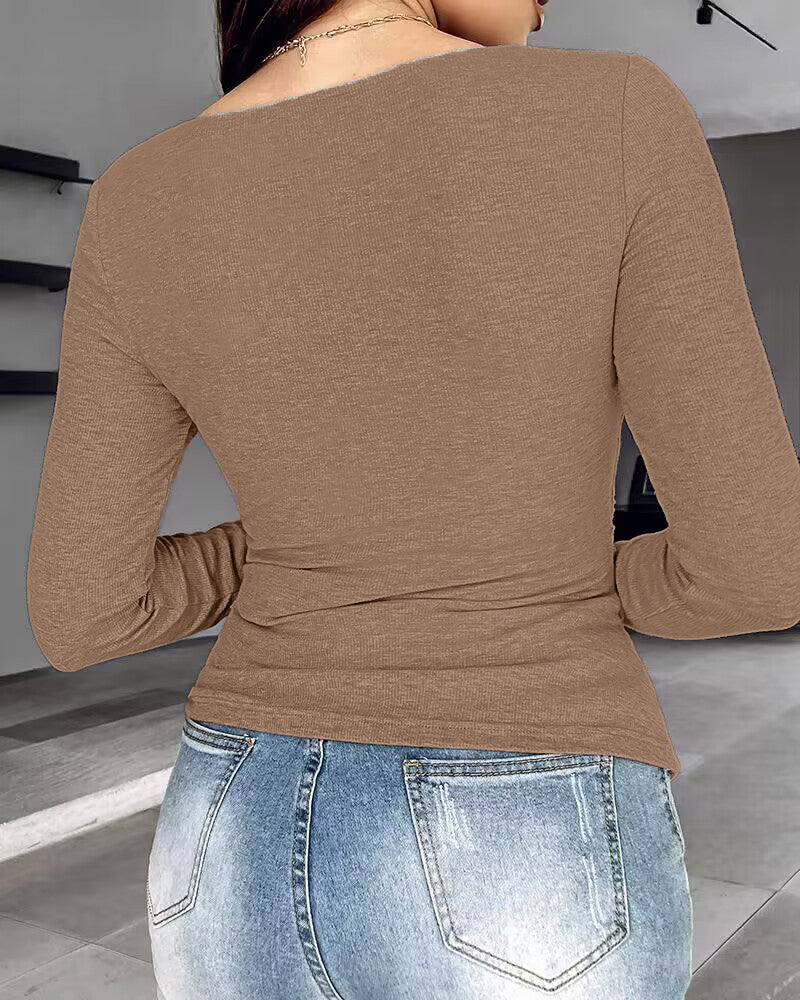 Rib Knit Notch Neck Long Sleeve Top with Built-In Bra