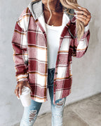 Hooded Plaid Shacket with Long Sleeves and Fleece Lining