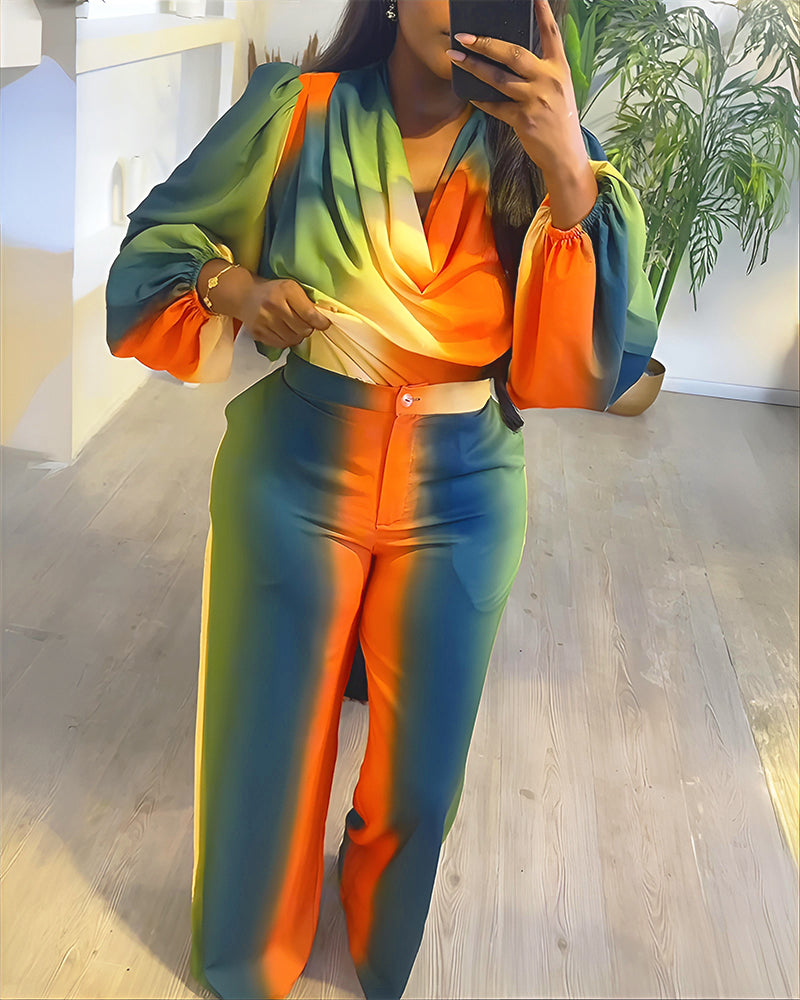 Cowl Neck Puff Sleeve Top with Zippered Wide-Leg Pants Set