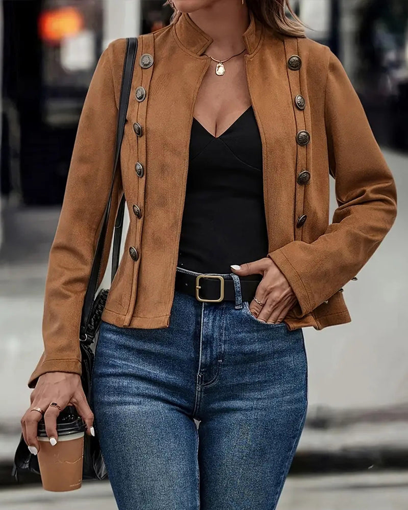 Faux Suede Jacket with Stand Collar and Button-Up Front