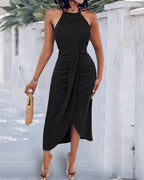 Ruched Halter Dress with Lace Yoke and Adjustable Neckline