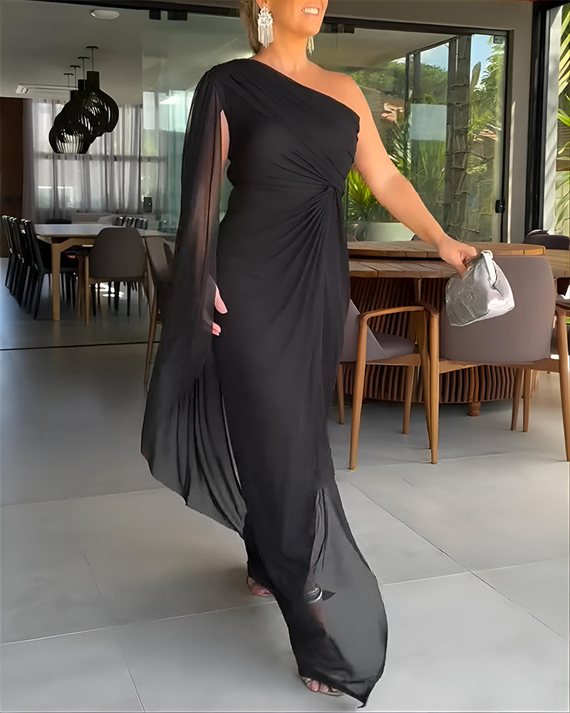 One-Shoulder Mesh Cloak Sleeve Dress with Ruched Waist and Slit