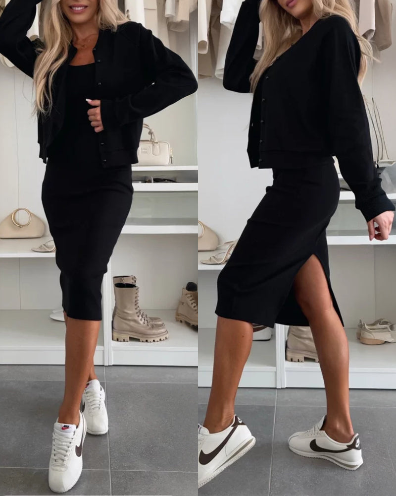 2-Piece U-Neck Tank Dress with Pearl-Button Baseball Coat Set