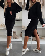 2-Piece U-Neck Tank Dress with Pearl-Button Baseball Coat Set