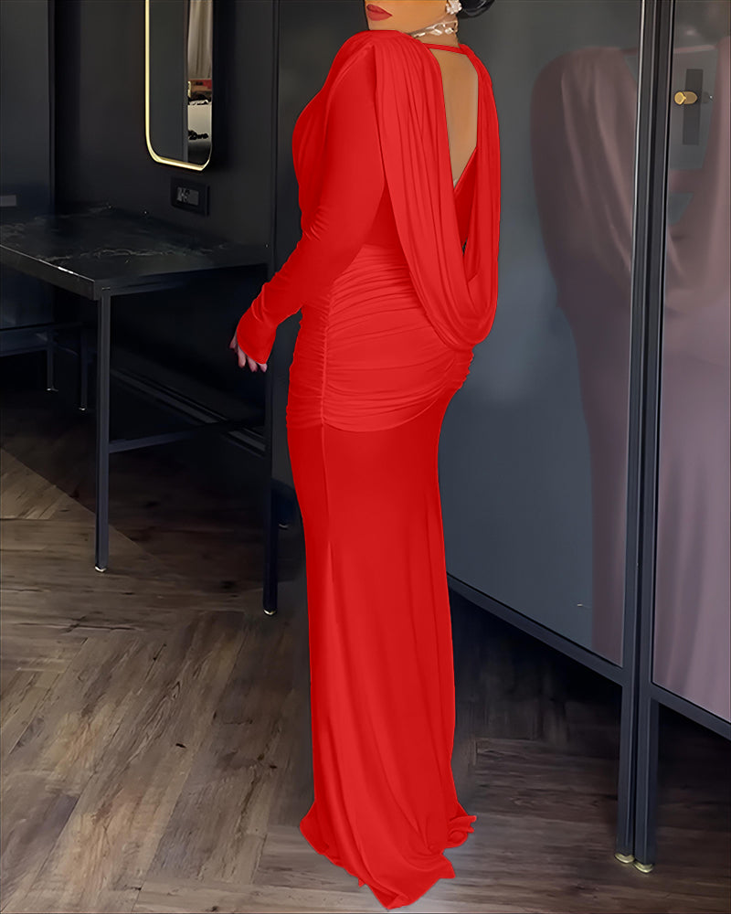 Padded Shoulder Cowl Neck Ruched Backless Maxi Dress