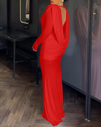 Padded Shoulder Cowl Neck Ruched Backless Maxi Dress