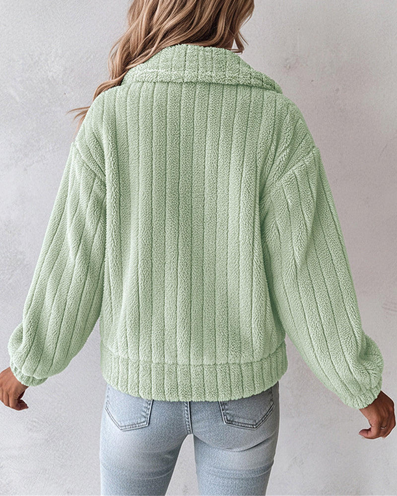 Striped Teddy Fleece Jacket with Buttons and Flap Pockets