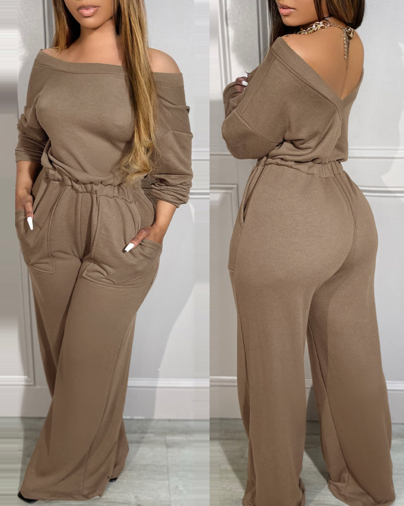 Off-Shoulder Jumpsuit with Elastic Waist, Pockets, and V-Back Design