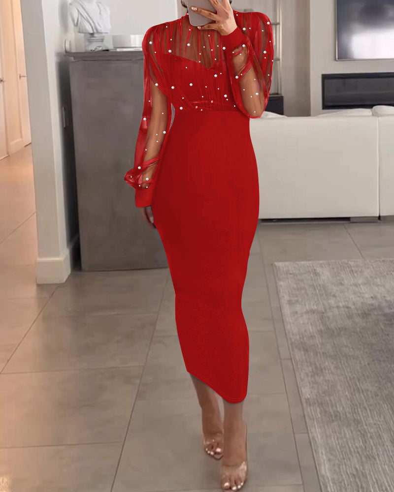 Mock Neck Beaded Mesh Bodycon Dress with Rear Zipper