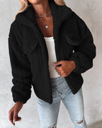Striped Teddy Fleece Jacket with Buttons and Flap Pockets