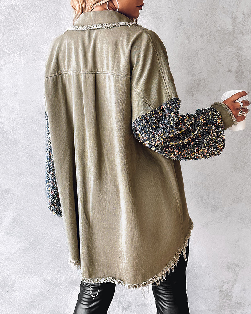 Raw Hem Sequin Patchwork Denim Shacket with Button Front