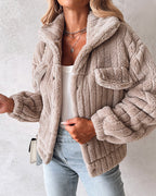 Striped Teddy Fleece Jacket with Buttons and Flap Pockets