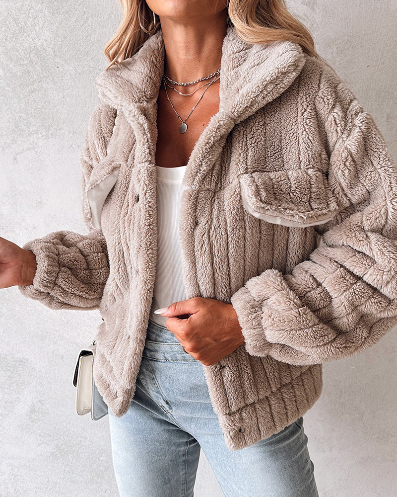 Striped Teddy Fleece Jacket with Buttons and Flap Pockets
