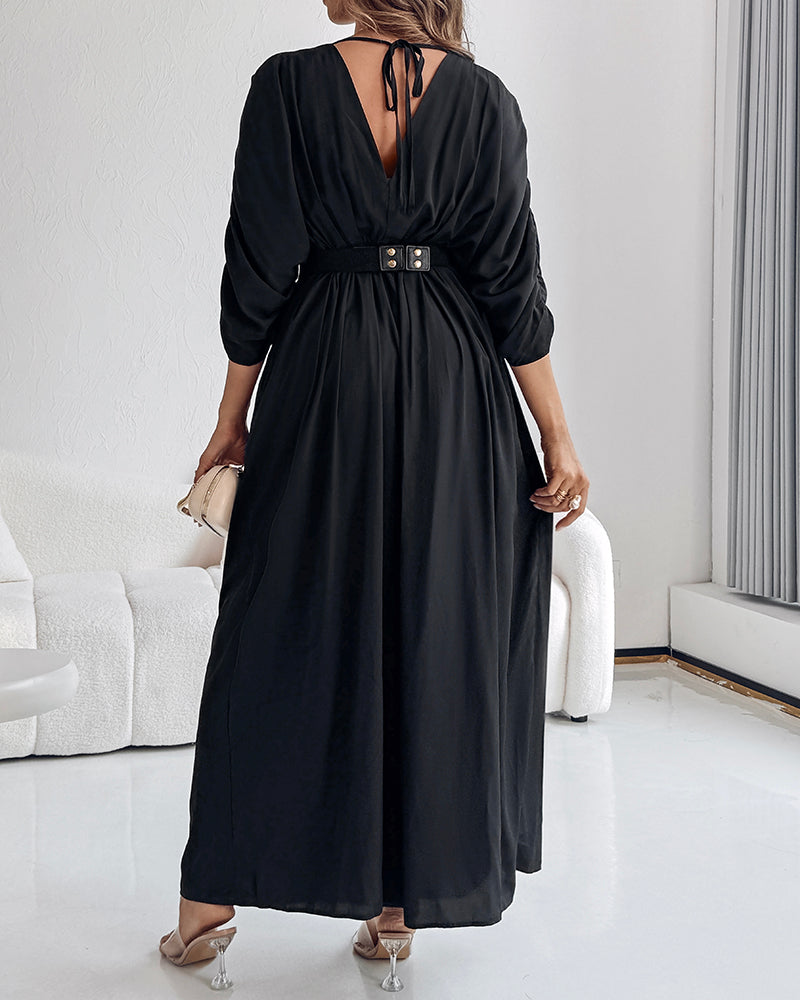 Deep V-Neck Jumpsuit with Ruched Sleeves and Waist Ties