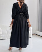 Deep V-Neck Jumpsuit with Ruched Sleeves and Waist Ties