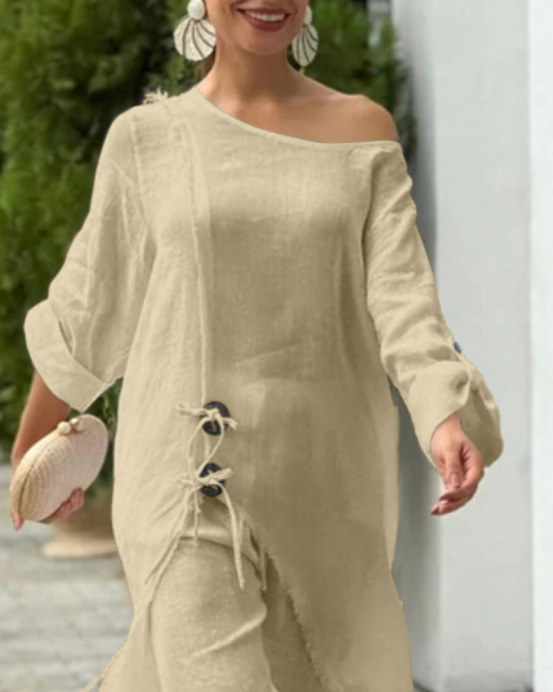 One-Shoulder Top with Coordinating Wide-Leg Pants Set