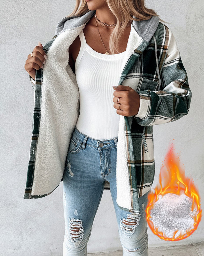 Hooded Plaid Shacket with Long Sleeves and Fleece Lining