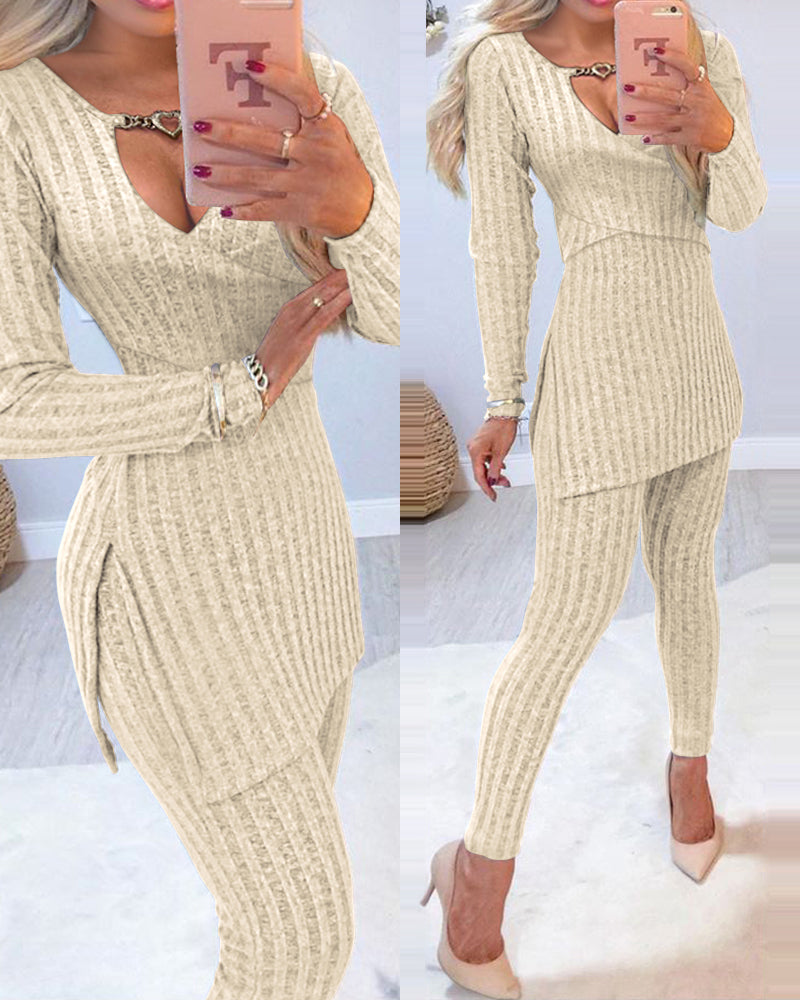 Heart Chain Ribbed Top and Slit Skinny Pants Set