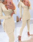 Heart Chain Ribbed Top and Slit Skinny Pants Set