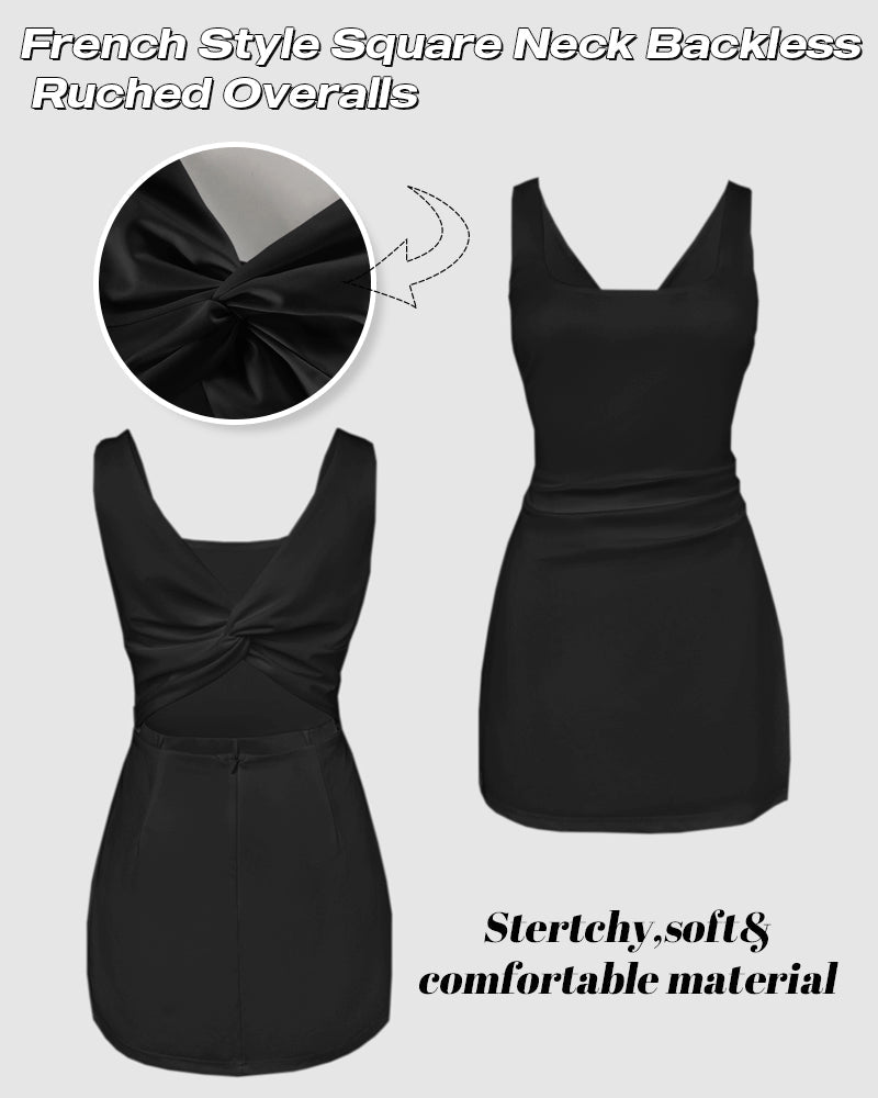 French-Inspired Square Neck Backless Slit Skort Romper with Zipper
