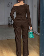 2-Piece Sparkly Ensemble: Lace Cowl Neck Top & Wide-Leg Pants