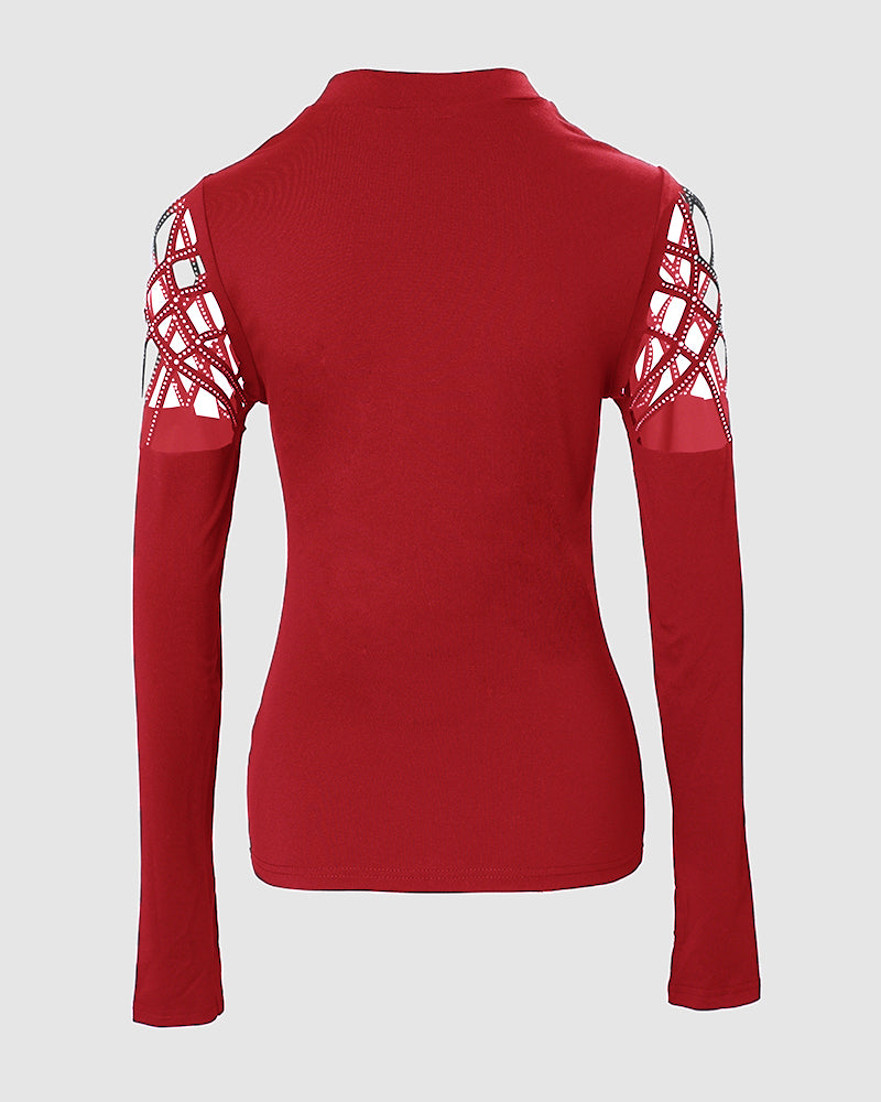 Hollow Rhinestone Cold Shoulder Long-Sleeve Casual T-Shirt
