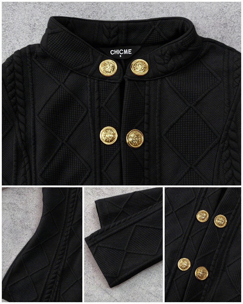 Argyle & Cable Textured Double-Breasted Coat with Metal Button Stand